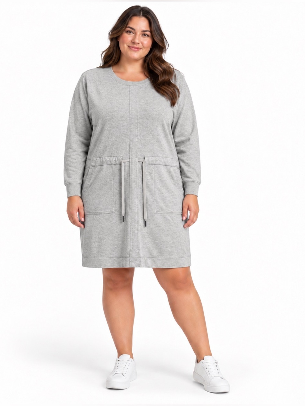 Athleta Farallon Heather Gray Dress 1X Long Sleeve Drawstring Pockets Athleisure